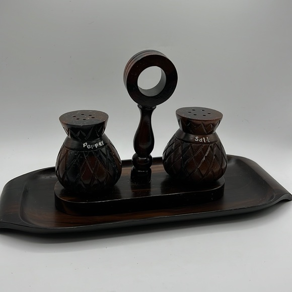 VTG Wooden Salt Pepper Shaker with Tray - Picture 1 of 6